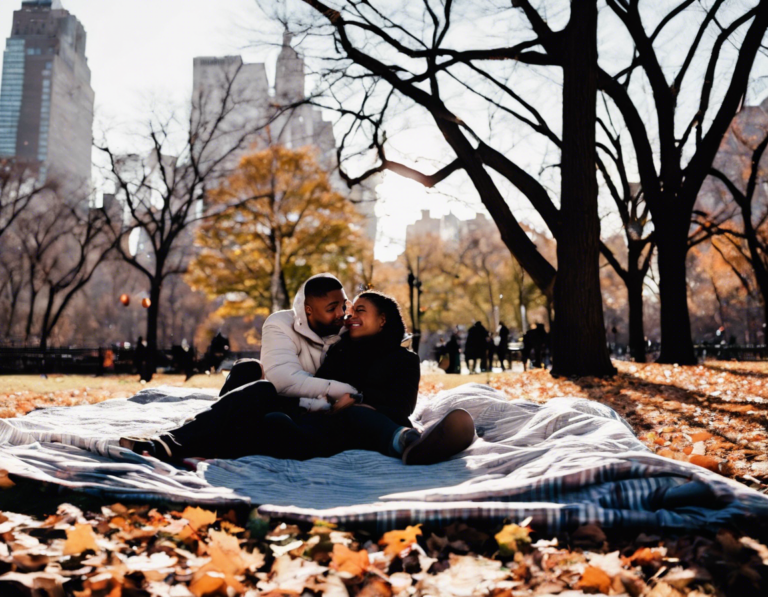 Romantic NYC Couple Cuddles Under Blanket in Park